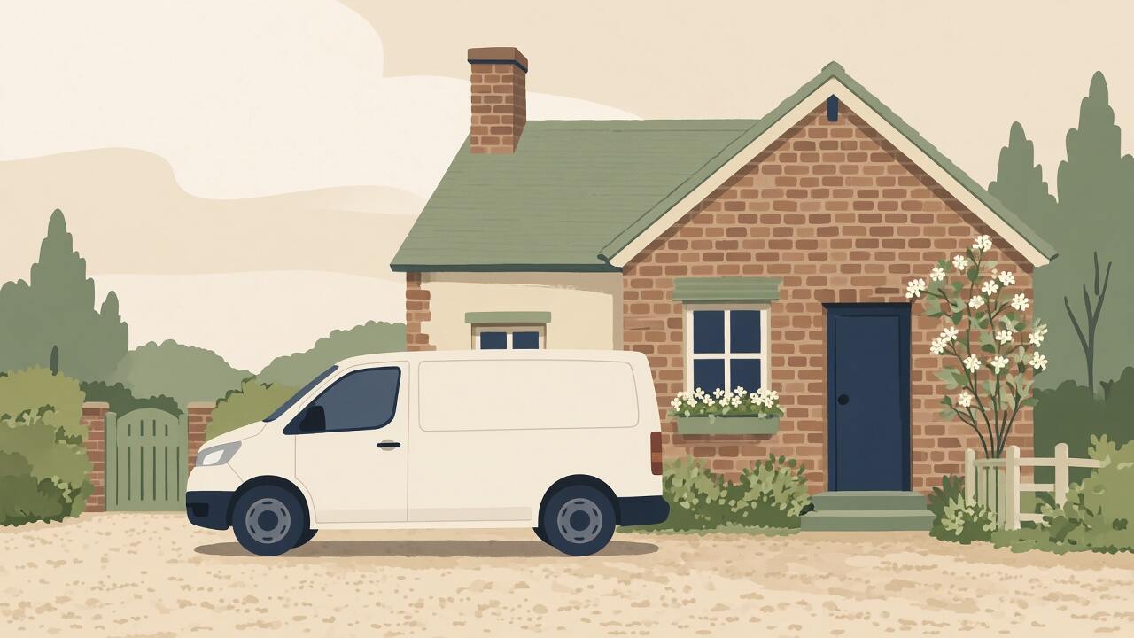 Example illustration of a van outside a house. Not a client website.